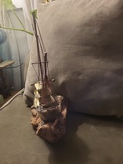 VTG Signed DeMott De Mott Fishing Trawler Shrimp Boat Burl Wood Base Nautical