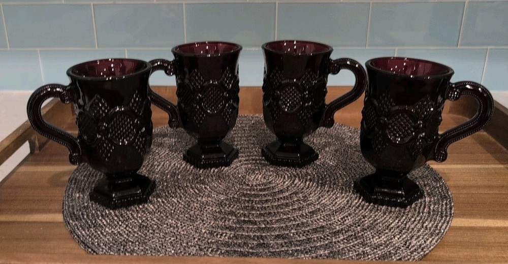 Avon 1876 Cape Cod Ruby Red Glass Footed Mug Set Of 4 Coffee Tea Beautiful 🌹