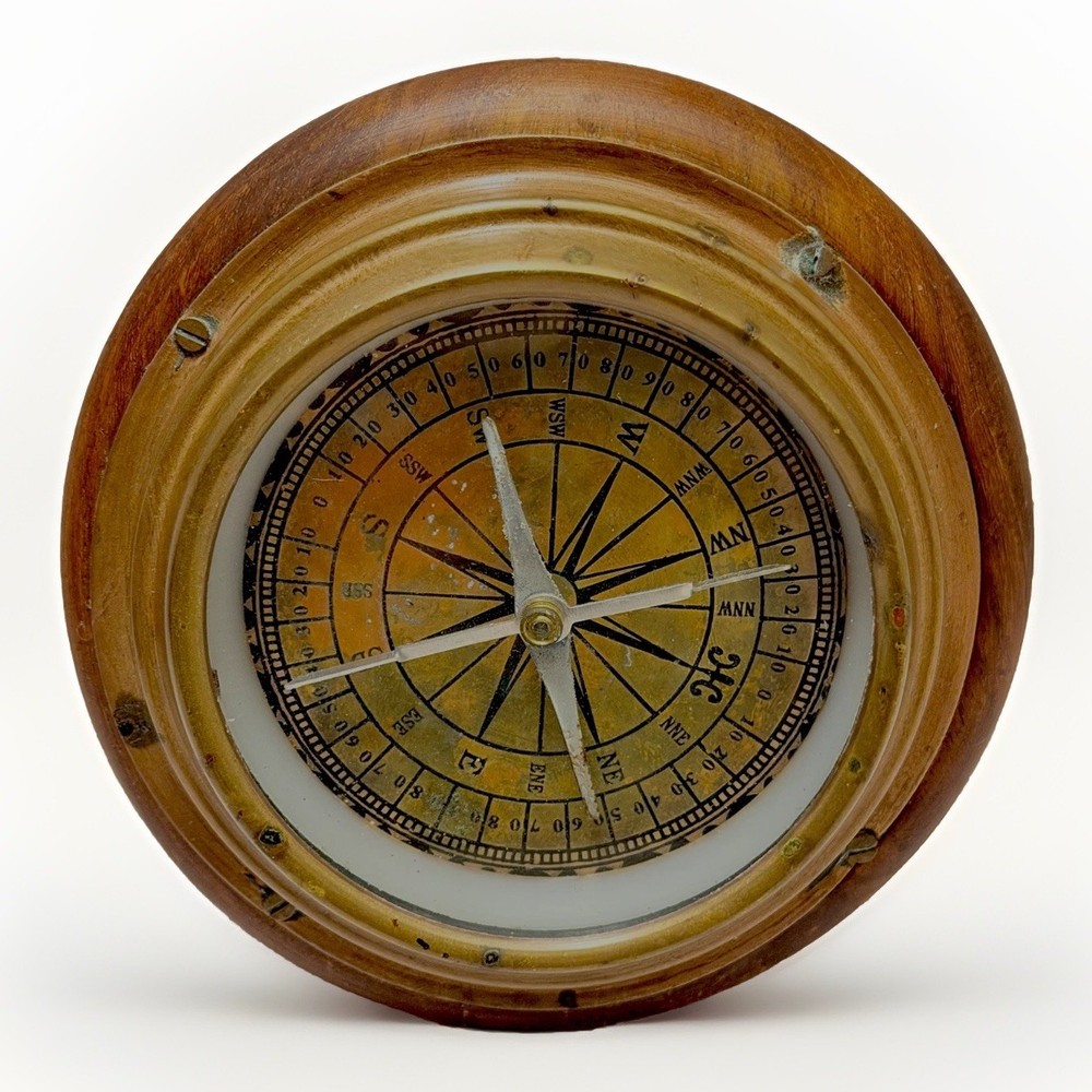 Antique Nautical Compass Handmade Wood Copper Coastal Nautical Decor Estate VTG
