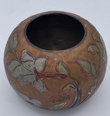 Vtg Art Nouveau Brass Cloisonne Handpainted Flowers Round Bud Vase Made In India