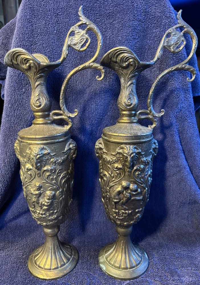 Italian PELTRATO 90% Pewter Art Nouveau Cherub Goat Ewer-Antique SET Of 2 Lg