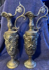 Italian PELTRATO 90% Pewter Art Nouveau Cherub Goat Ewer-Antique SET Of 2 Lg