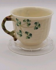 VTG Belleek Shamrock Basketweave Pattern Parian China Teacup & Saucer 1946-1981