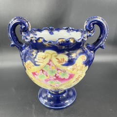 Antique Fine Porcelain Vase Vessel Footed Dish Bowl W Handles Decorated Ceramic