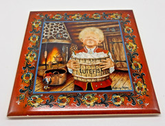 Suzanne Toftey 6″ Rosemaling Tile Trivet Lutefisk Boy Nordic Folk Art Norway