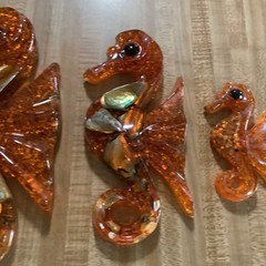 Vtg 1960s Shellart Orange Seahorse Acrylic Lucite Abalone MCM Wall Plaques Set 3