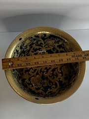Stunning Gold& Dark Green Tapestry Porcelain Contour Bowl 10”d Asian Traditional