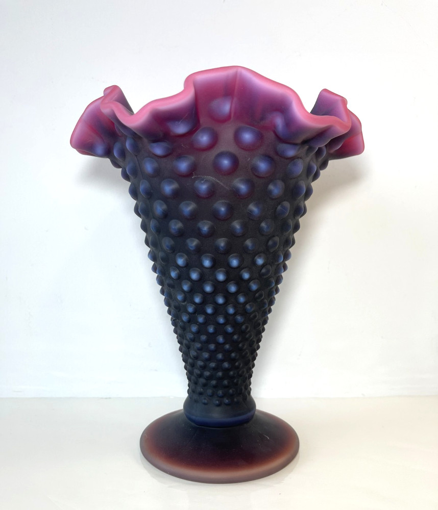 RARE Signed Fenton Deep Plum Satin Finish Hobnail 8″ Trumpet Vase