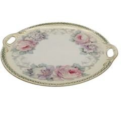 Antique German (K&L) Porcelain Handled Serving Platter Pink Roses Gold c.1910