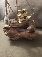VTG Signed DeMott De Mott Fishing Trawler Shrimp Boat Burl Wood Base Nautical