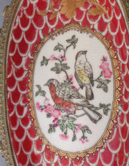 VTG Wong Lee 1980s Bronze & Porcelain Claw Foot Dish Hand Painted Bird Pair Red