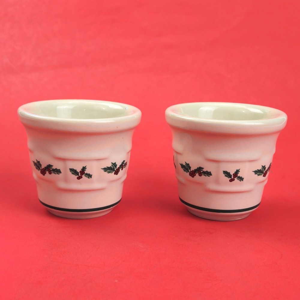 RETIRED LONGABERGER POTTERY: 2 CHRISTMAS TRADITIONAL HOLLY VOTIVE CANDLE HOLDERS
