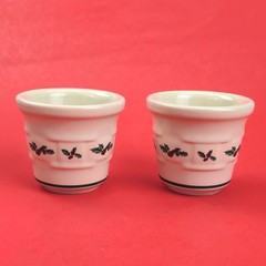 RETIRED LONGABERGER POTTERY: 2 CHRISTMAS TRADITIONAL HOLLY VOTIVE CANDLE HOLDERS