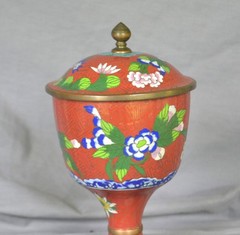 Vintage Chinese Cloisonné Covered Urn Cup Chalice Red Floral Enamel Brass