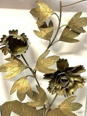 Vintage Art Deco Wall Art 3D Brass Color Tin Metal Flowers in Wooden Frames x4