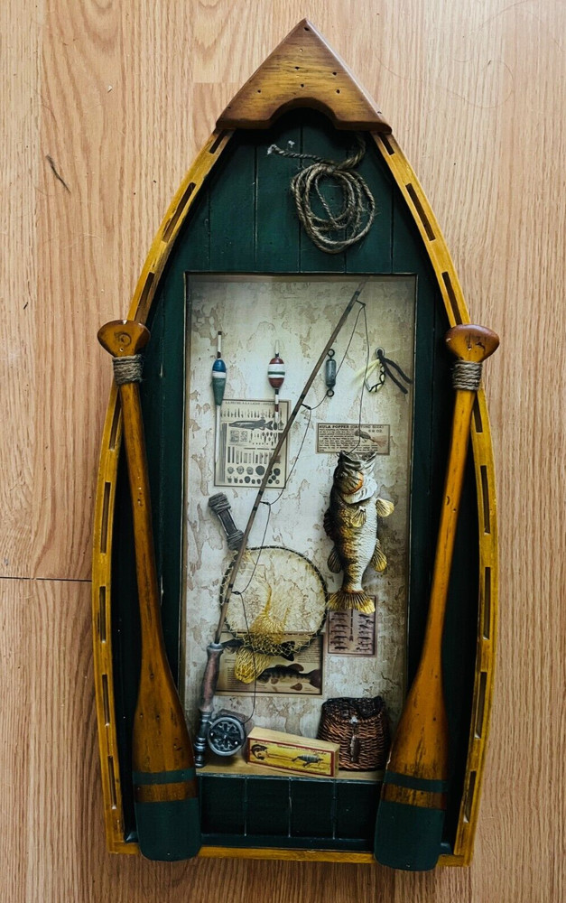 Wooden Fishing Row Boat Wall Hanging Art Cabin Mancave Bass Decor Sign Display
