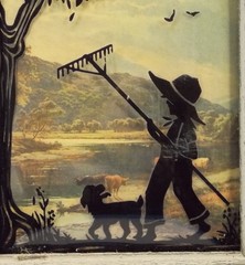 Pair Reverse Painted Silhouettes Framed Bubble Glass Small Country Boy W/Dog1930