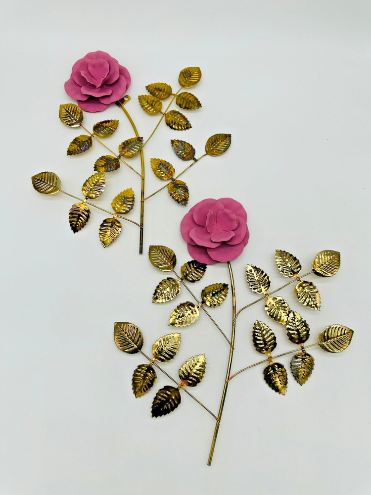 Vintage Home Interiors HOMCO Pink Rose Brass Leaves 3D Metal Wall Decor Set of 2