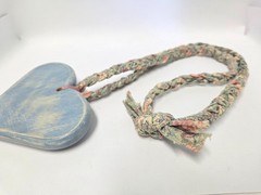 Cottagecore Blue Pink Wood Hearts Rabbit Hang Decor Braided Fabric Vtg Necklace