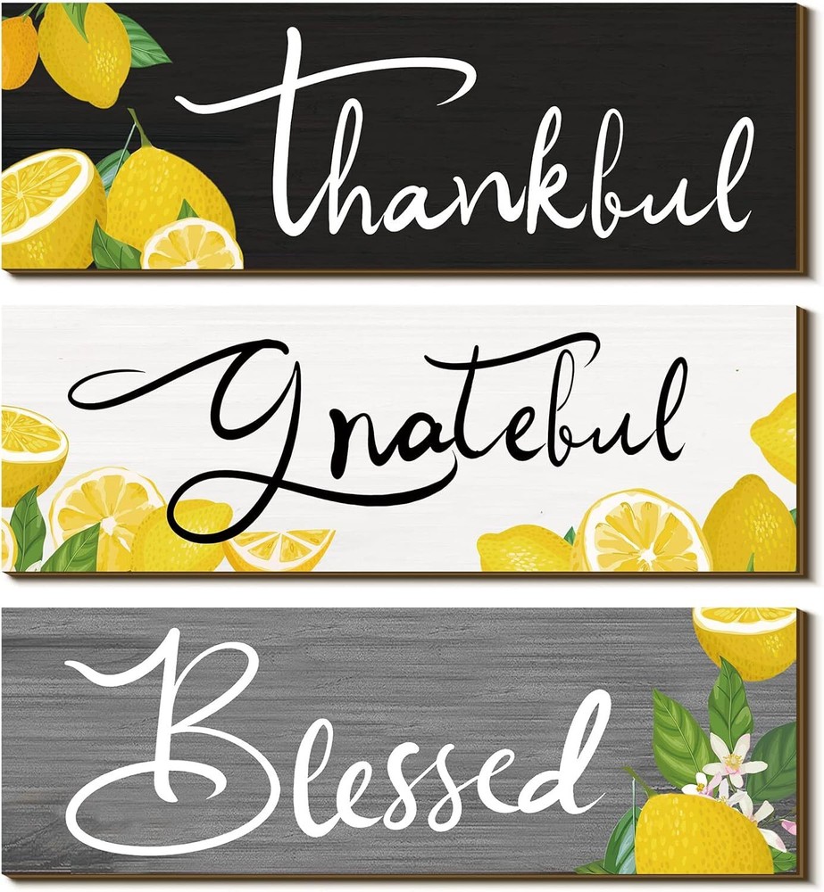 3 Pcs Sunflower Gifts Farmhouse Wall Decor Thankful Lemon, Black, White, Gray