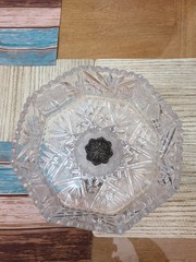 American Brilliant Cut Crystal Compote Bowl Brass Pedestal VTG Mid-Century