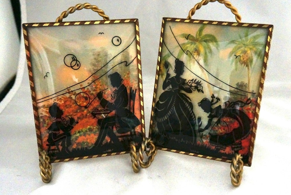 Pair 1940 Convex Benton Glass Matching Silhouettes 4×5” Picking Flowers Bubbles