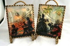 Pair 1940 Convex Benton Glass Matching Silhouettes 4×5” Picking Flowers Bubbles
