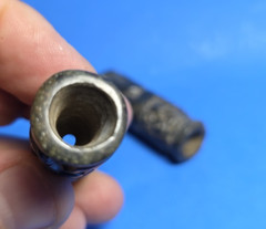 PAIR OF PRE-COLUMBIAN MAYAN SERPENTINE TUBULAR NECKLACE BEADS WITH GLYPHS