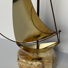 John DeMott Signed Metal Brass Sailboat Sculpture On Stone Base Decor Art Sail