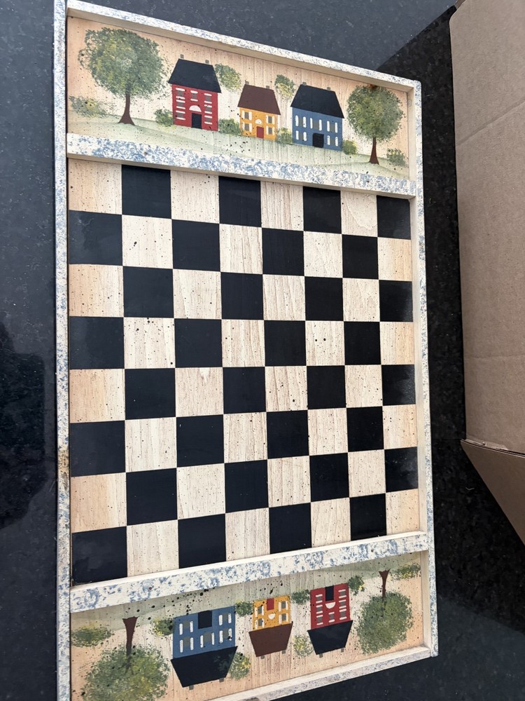 Vintage Folk Art Wooden Checkerboard Country Farmhouse Game Board Wall Decor