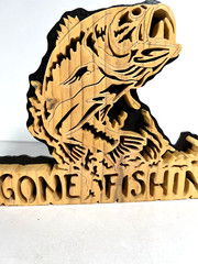 Bass ‘Gone Fishin’ – Ready to Hang or Stand – Hand Crafted Wood
