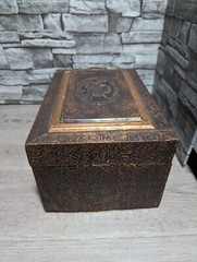 Vintage Wood Keepsake Trinket Box Metal Embossed w/Cherub Relief Treasure Decor