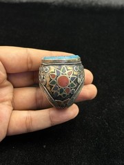 Old Islamic Writing Turquoise Ring Silver Plated Afghanistan Origin Size 9