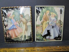 Vintage 1940s Lithograph Reverse-Painted Bubble Glass Silhouette, pair
