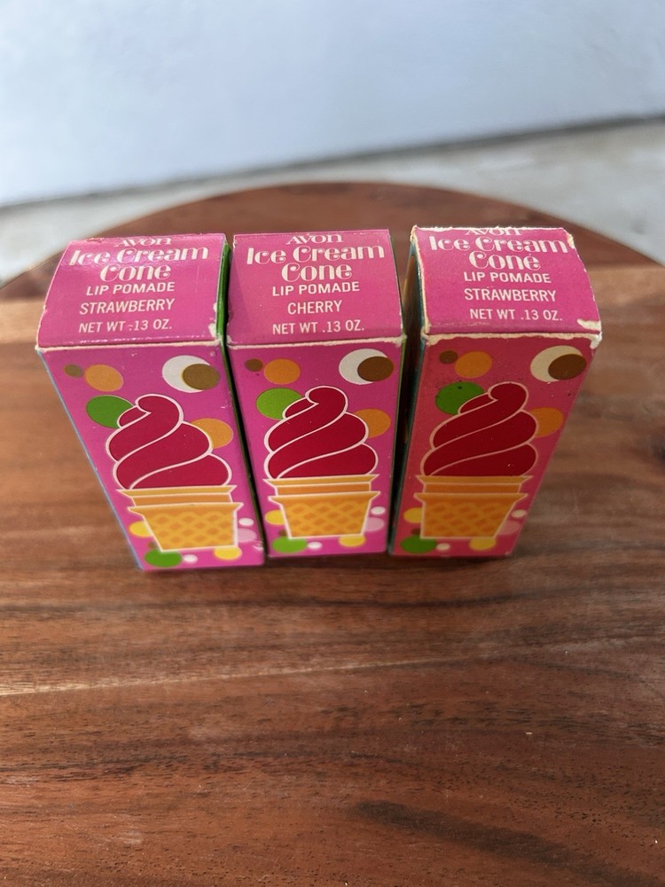 (3) 70s Vintage Avon Lip Pomade Ice Cream Cone Cherry, 2 Strawberry New with Box