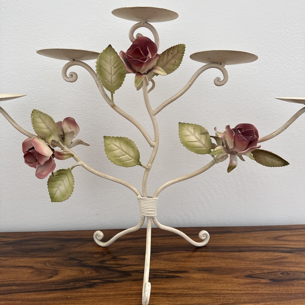 VTG Italian Toleware Tole Ware Candelabra 5 Candle Holder Roses Italy Metal