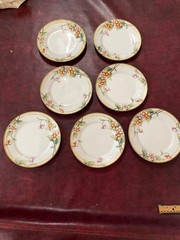 Set 7 Nippon Hand Painted 7.5” Dessert/Salad Plates Flowers Gold Detail 1900’s