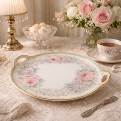 Antique German (K&L) Porcelain Handled Serving Platter Pink Roses Gold c.1910