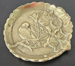 Vintage Art Nouveau Brass Scalloped Round Trinket Dish Impressed Bird Floral…