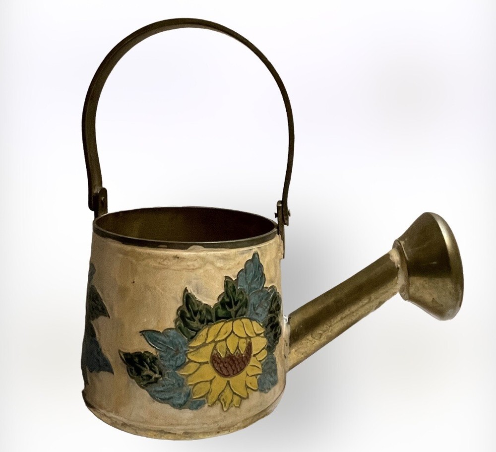 Vintage Brass Small Heavy Hand Painted Sunflowers Watering Can OOAK Rare Unique