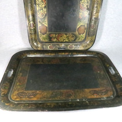 Antique Toleware Pair of Metal Trays Black Hand Painted Floral Stenciled 24″x18″