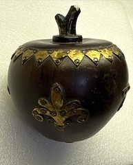 Rare Antique(?) Wood-Like Apple Decor w/Metal Brass Tone Accents