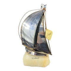 Mid Century De Mott Brass Metal Sailboat Brutalist Sculpture on Onyx Base W Tag