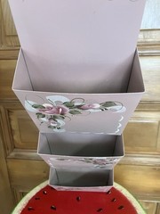 Vtg Metal Letter Wall 3 Pocket Pink Tole Painted Roses & Signed