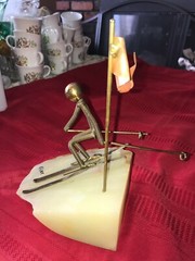 VTG John DeMott Signed Metal BRASS Downhill Skier Sculpture Quartz Base 8¾” Tall