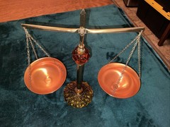 VINTAGE AMBER GLASS COPPER & BRASS ” SCALES OF JUSTICE” MID CENTURY RETRO