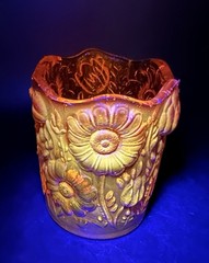 VTG Amberina Orange Daisy Tulip Glass Votive Toothpick Holder 2 1/2 Floral Glows