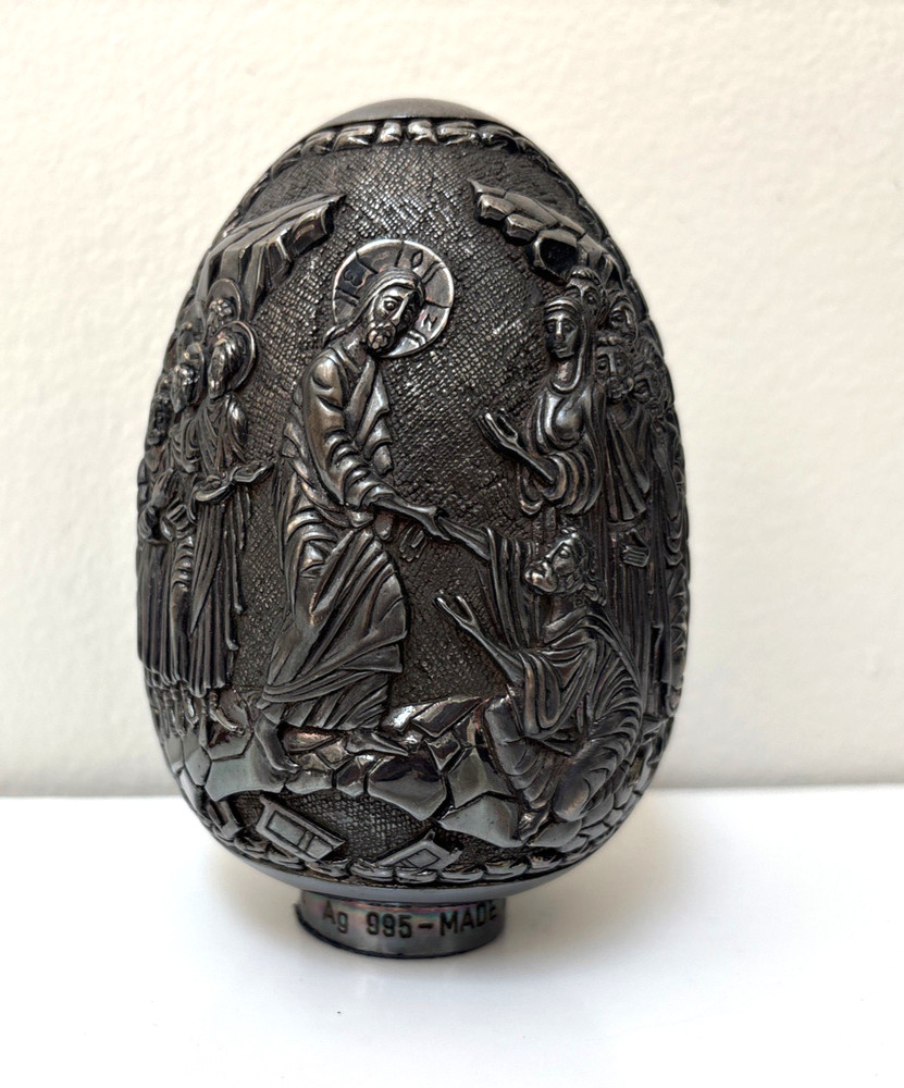 Large Vintage Greece Silver 995 Religious Egg Sculpture Icon Relief 690g