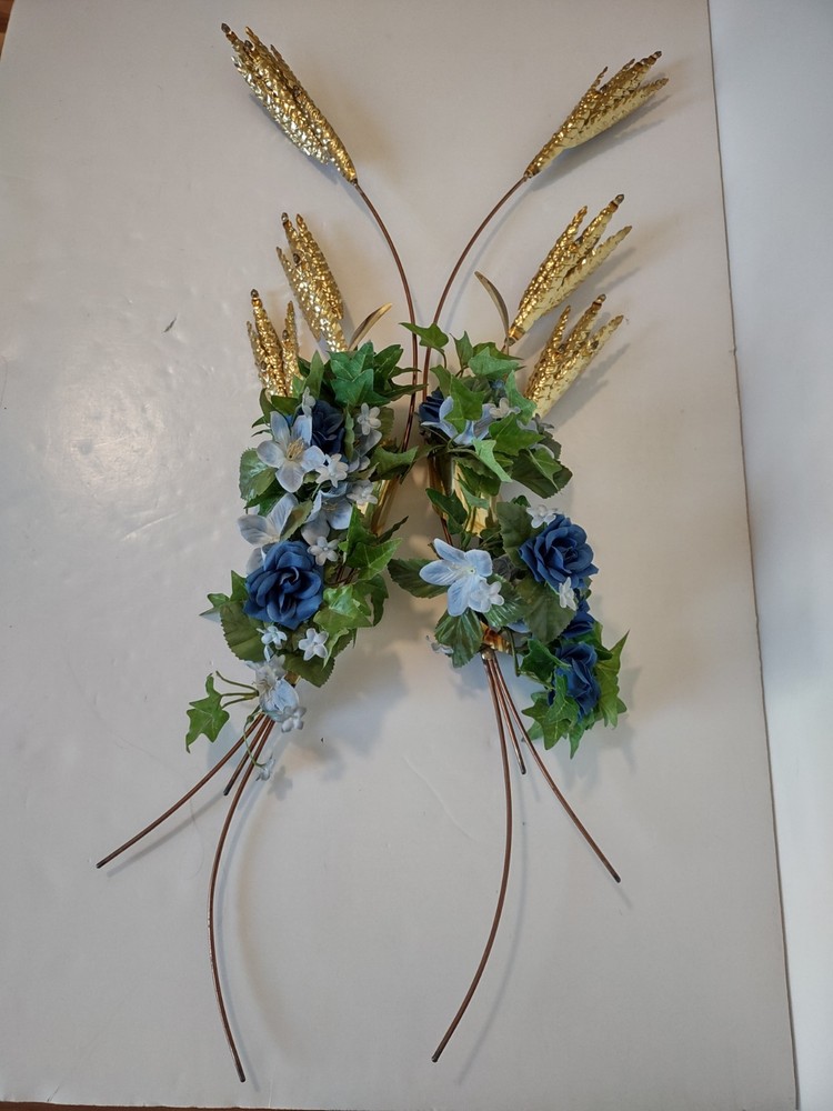 Vtg Home Interiors Brass Wheat Sheaf 2 Piece Wall Hanging Decor MCM Homco 31″