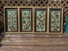 Vintage Homco Gold Floral Wall Plaques Set of 4 MCM Teal Blue Botanical 1970s